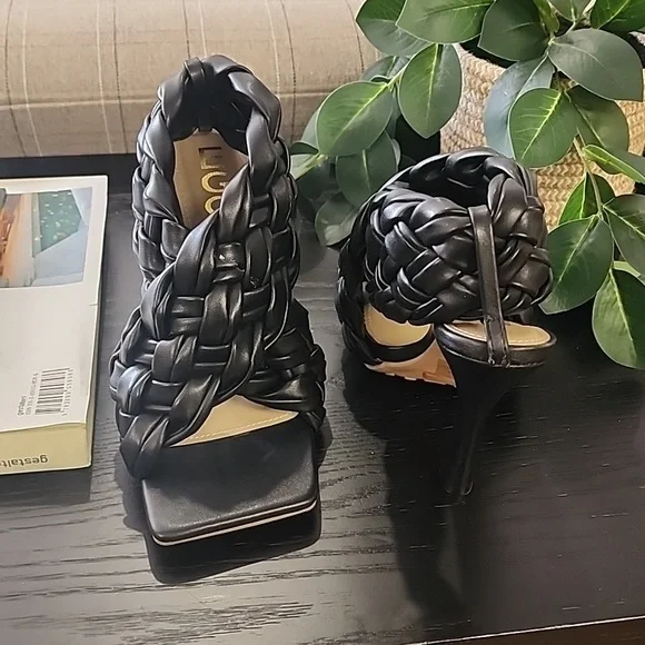 EGO Square Toe Puffy Braided Criss Cross Heels UK 6 US 8 Quilted Vegan Slingback - Picture 11 of 15